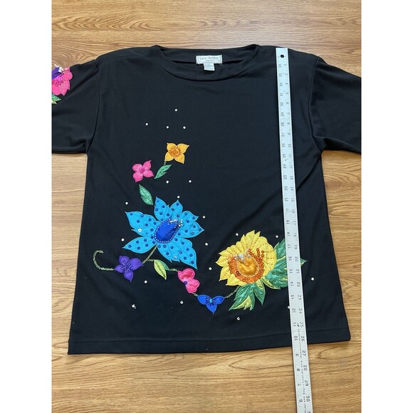 Vtg 80S Lisa Ashley T Shirt Black Sz M Embroidered Beaded Colorful Floral SP Pad - Picture 9 of 10